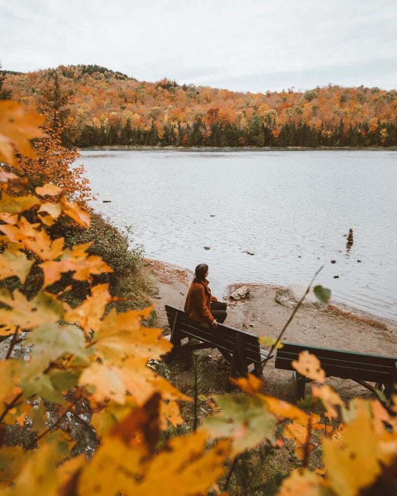 girl sitting on a bench looking at fall foliage around Heart Lake new york