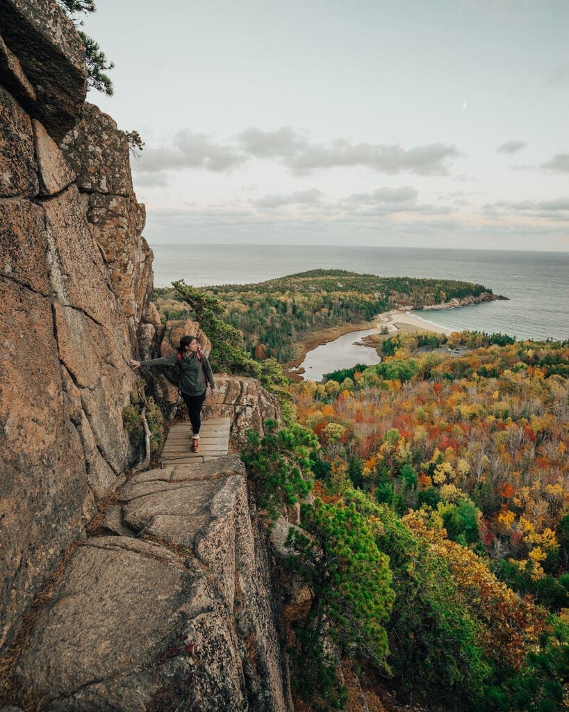 female hiker surrounded by new england fall foliage on beehive trail in acadia national park, ME