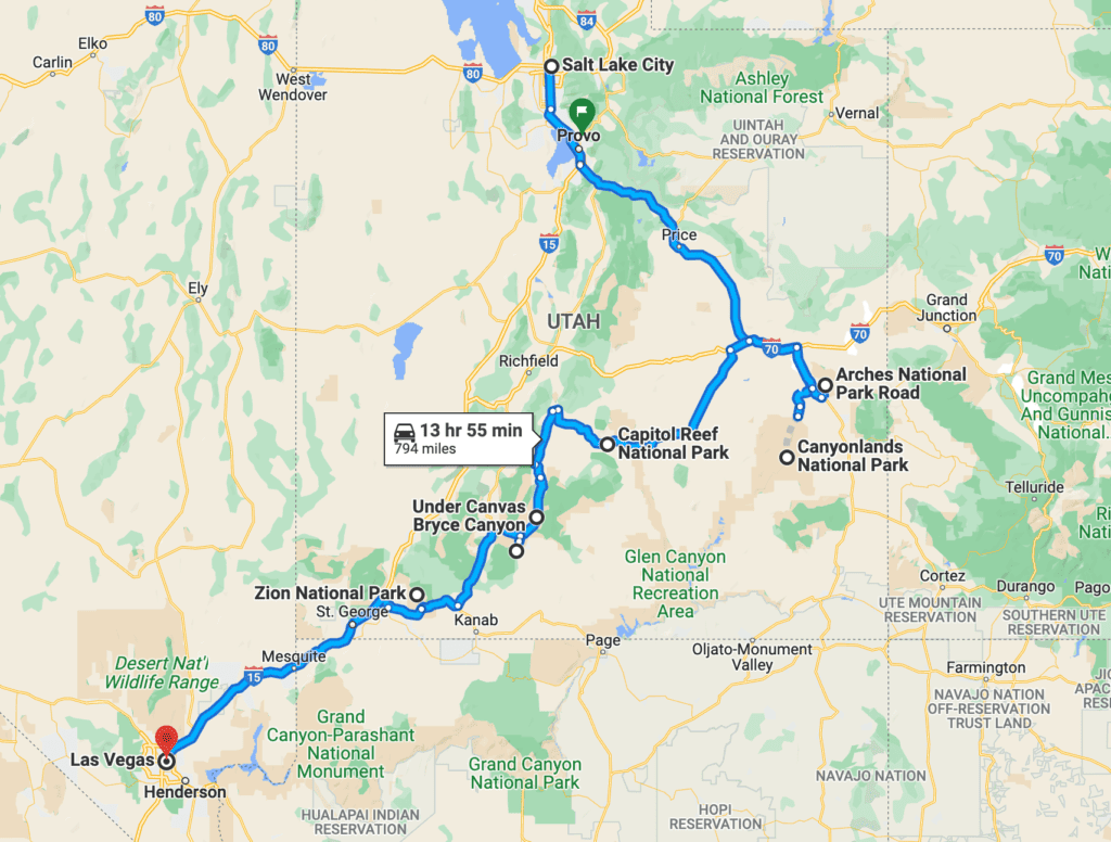 map of the best utah national parks road trip itinerary